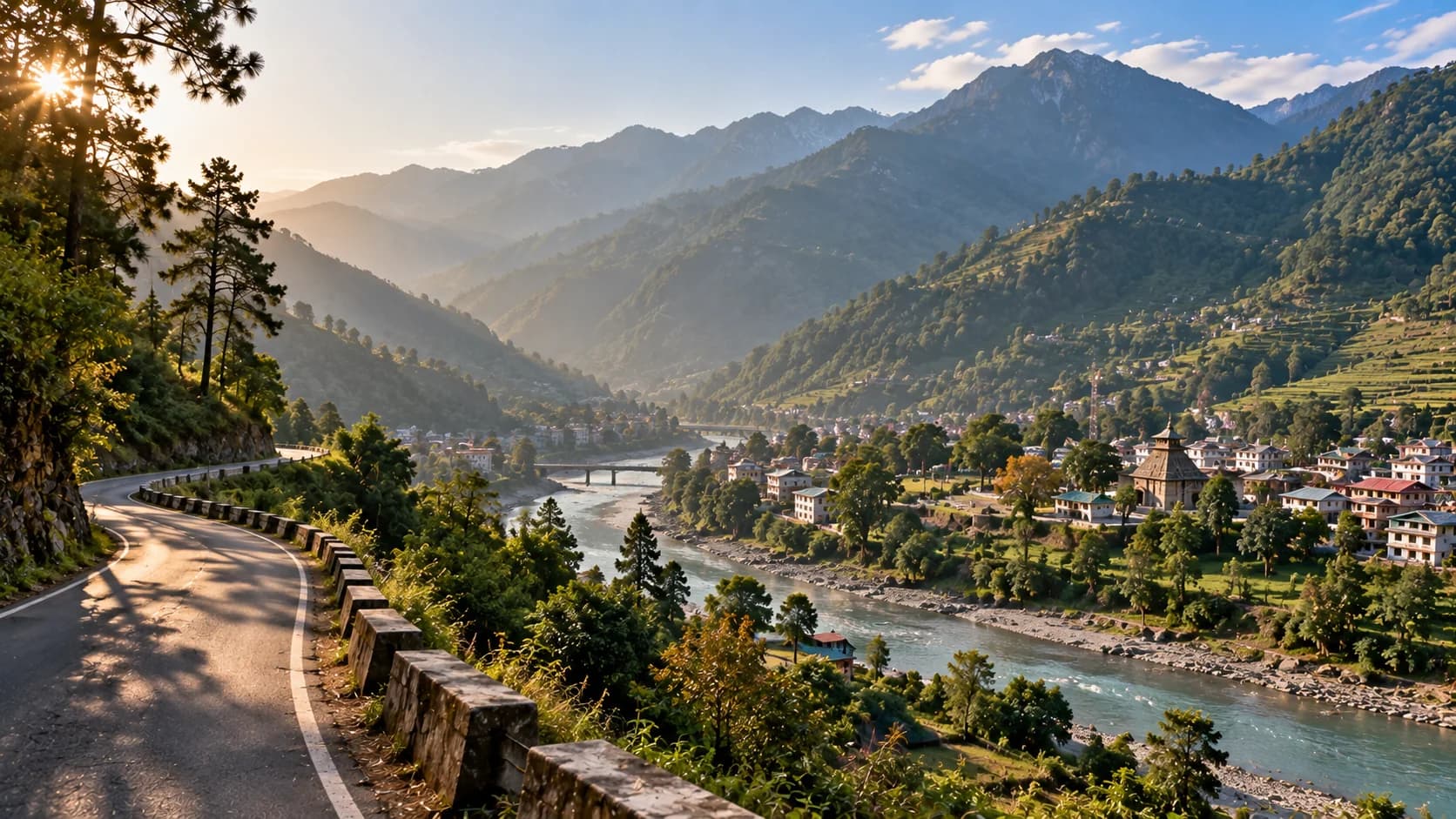 The Chamba valley with the Ravi river below and stone temple towers among the town's rooftops