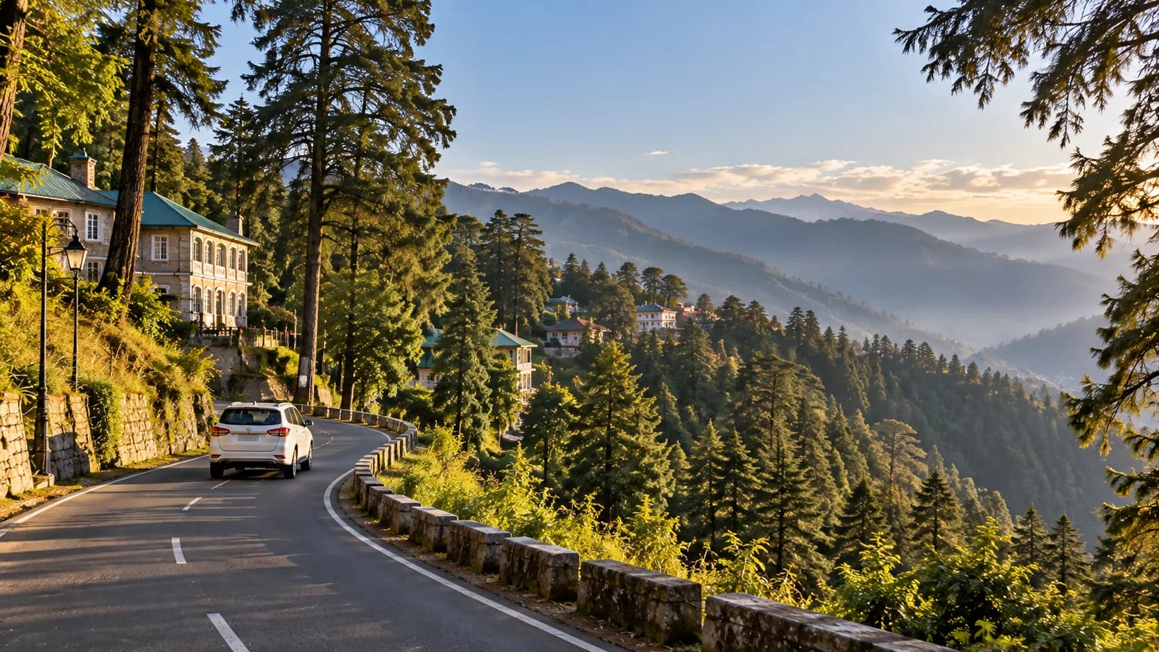 A colonial-era building among deodars on the road into Dalhousie, with forested ridges falling away behind