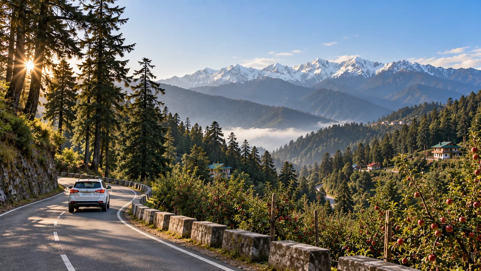 A white taxi driving away along a curving hill road lined with deodars, with snow-capped peaks on the horizon