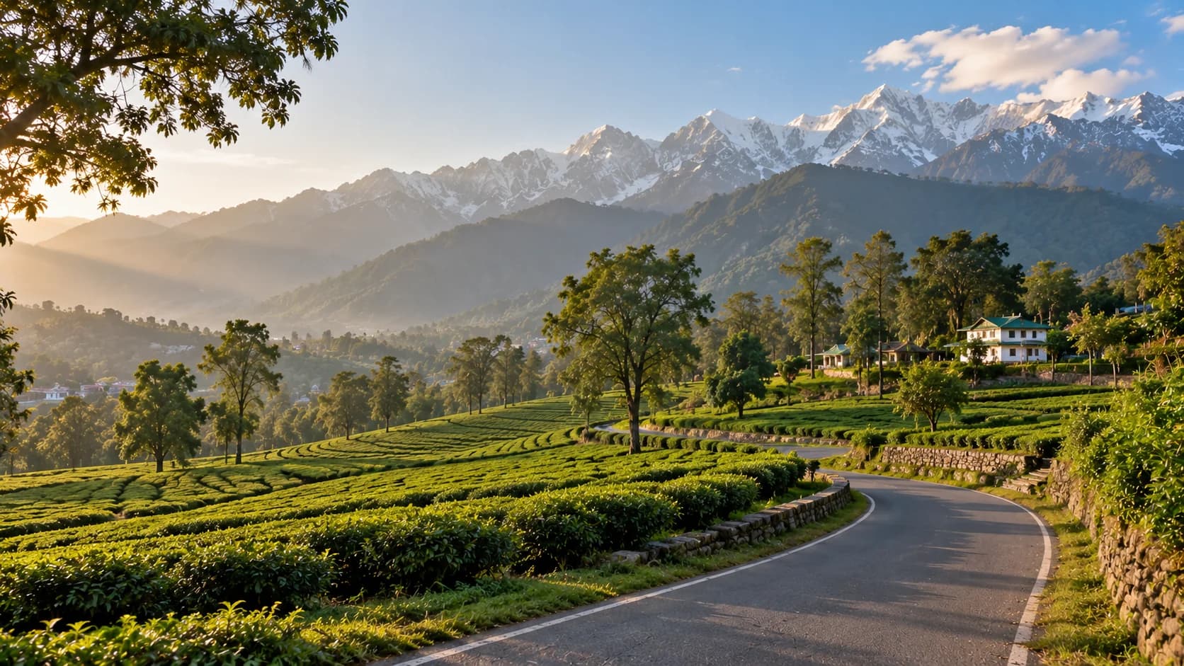 Tea gardens on the slopes below Palampur with the Dhauladhar range rising behind them