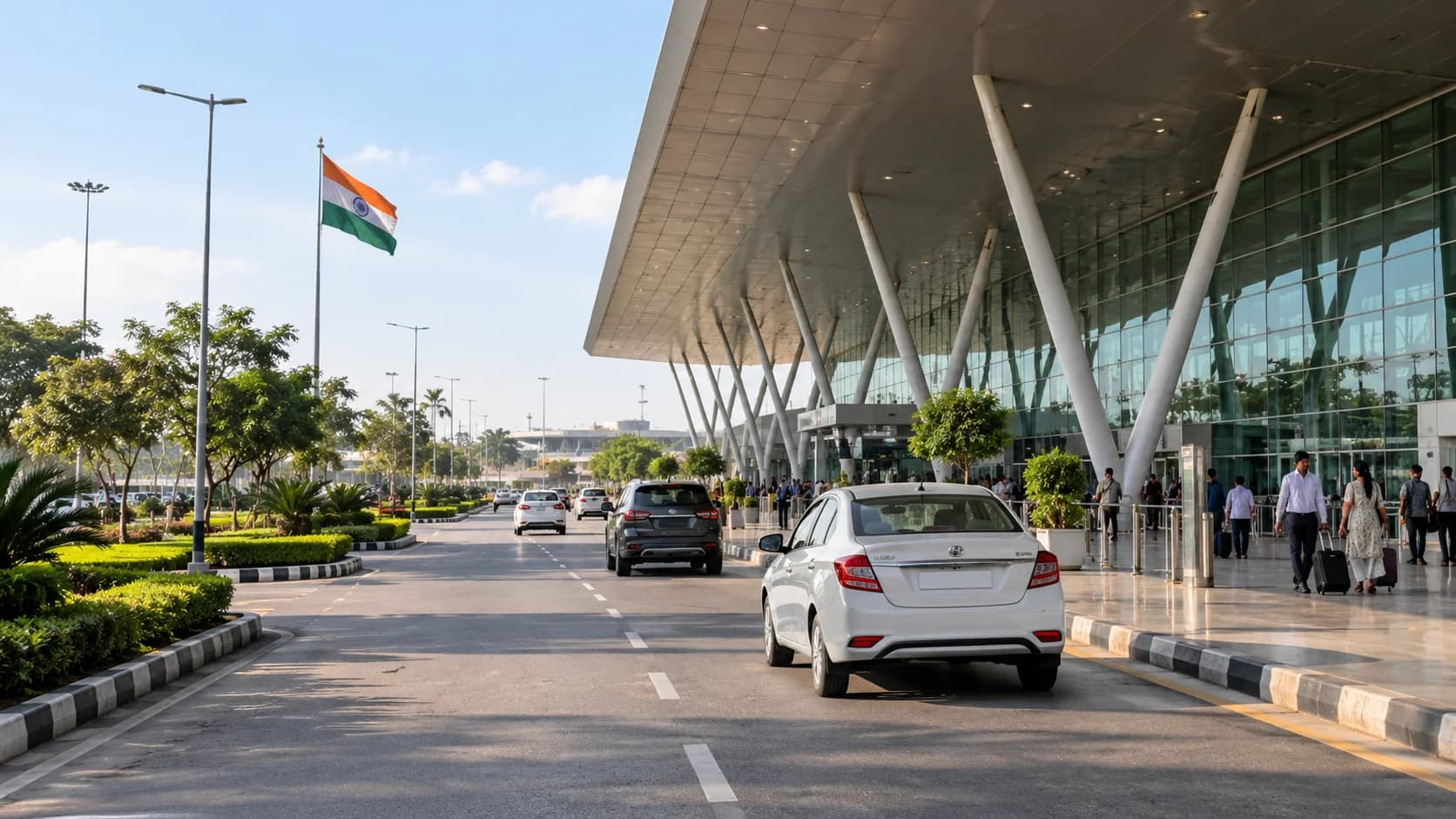 Taxis waiting at the kerb outside an airport terminal as passengers arrive with luggage