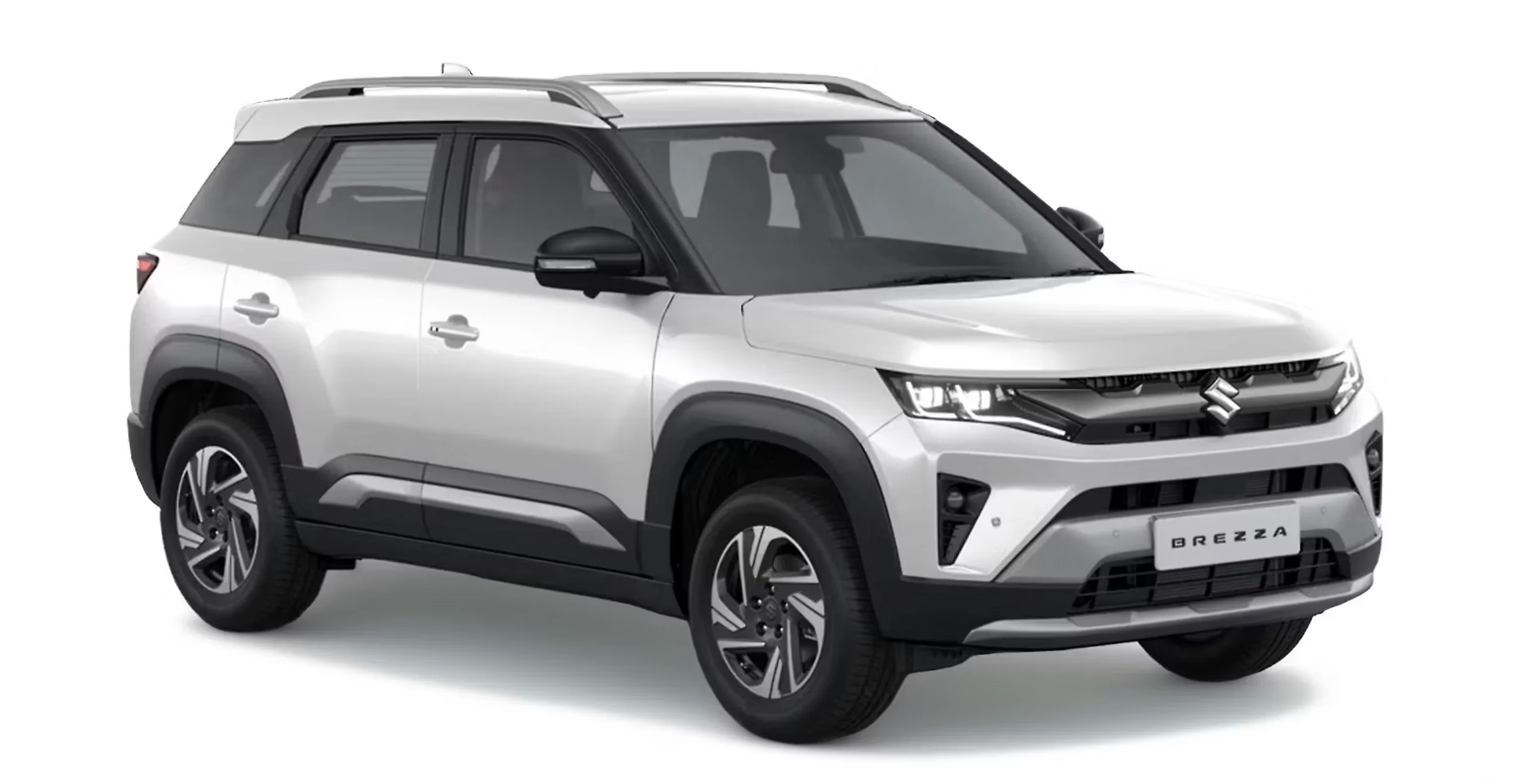 A white Brezza compact SUV with roof rails, front three-quarter view