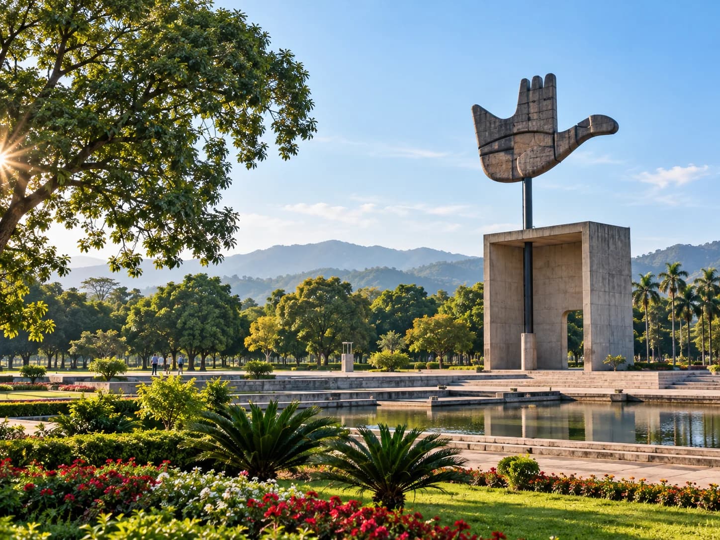 The Open Hand Monument at the Capitol Complex in Chandigarh, with the gardens and the Shivalik hills behind it