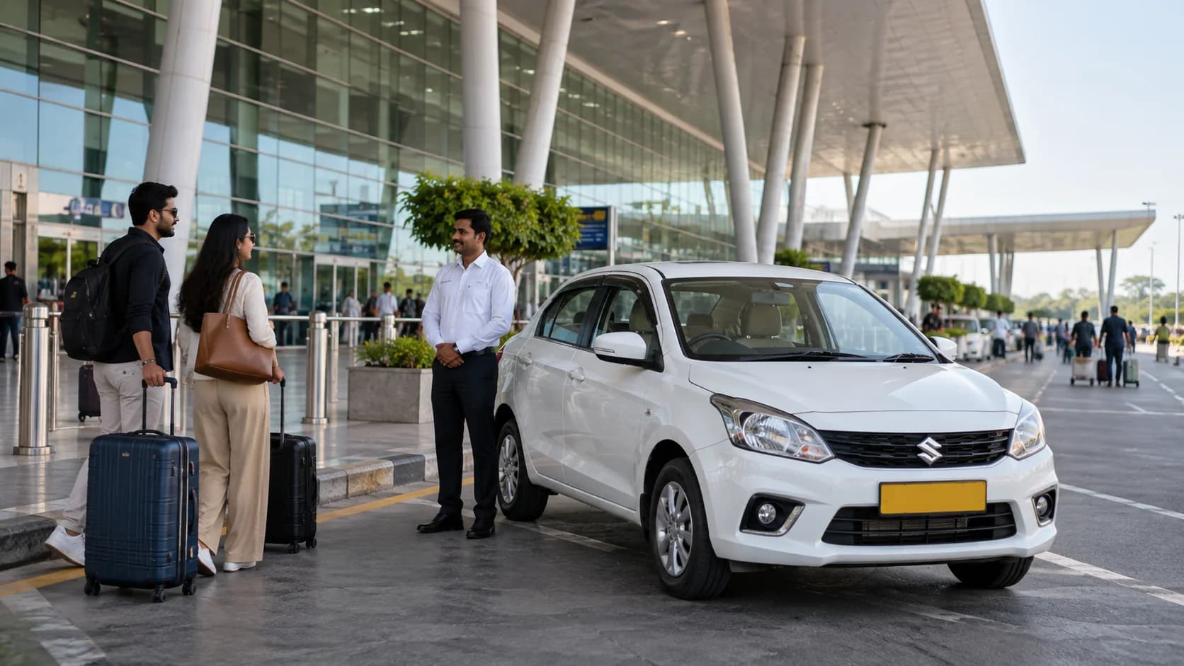 A driver waiting beside a white taxi outside an airport terminal as two travellers arrive with suitcases