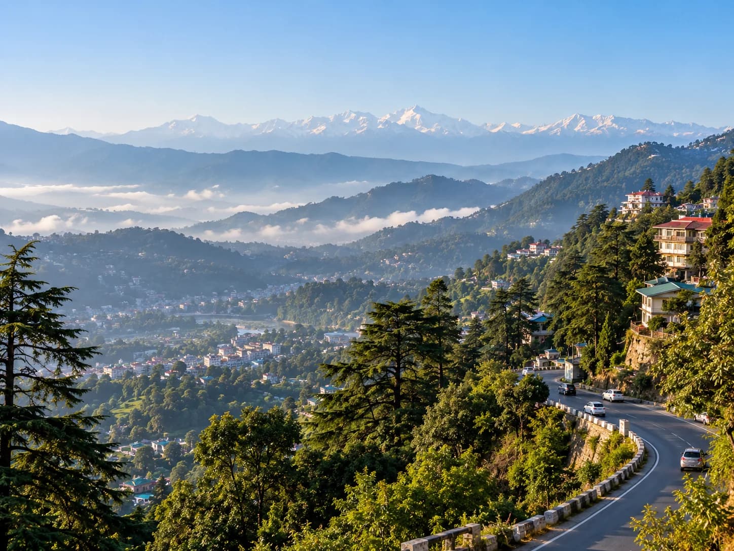 A Dehradun cityscape with the Himalayas in the background