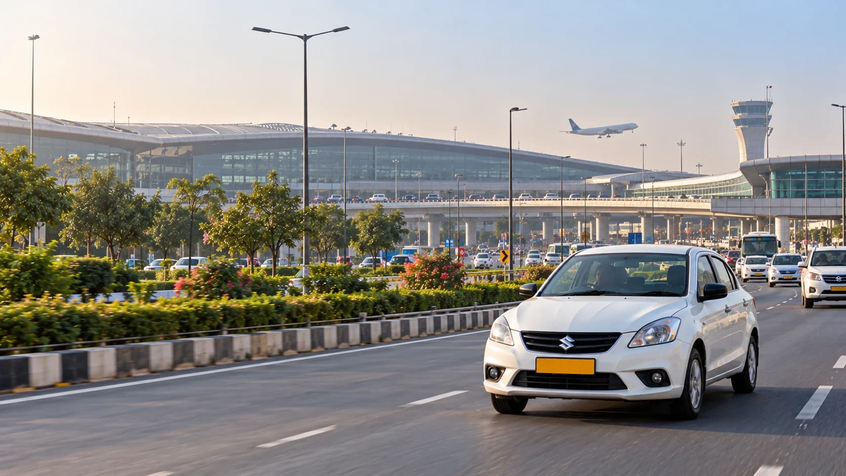 A white sedan taxi on the approach road to a large glass airport terminal, with a plane taking off near the control tower
