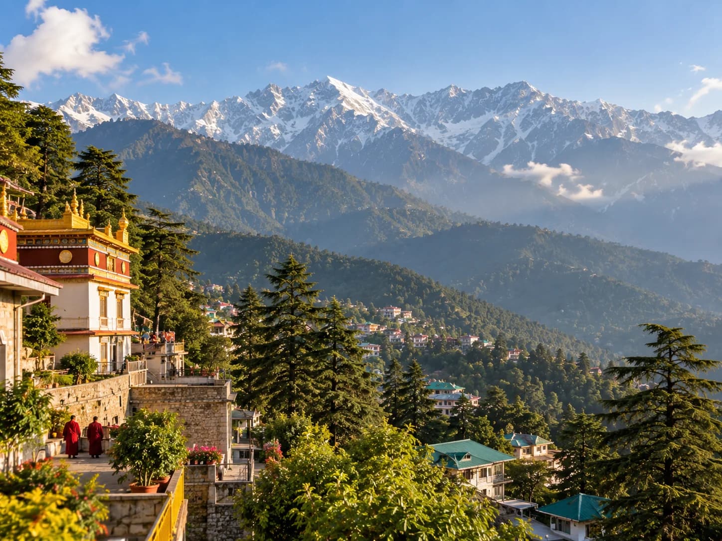 A monastery above Dharamshala with the snow-covered Dhauladhar range behind it