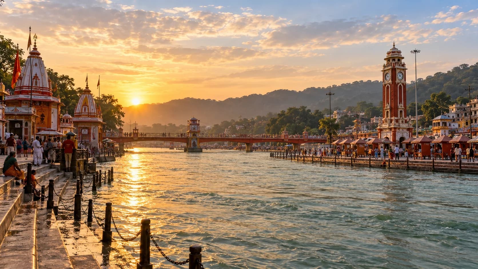 A Haridwar cityscape with the Ganga river in the background