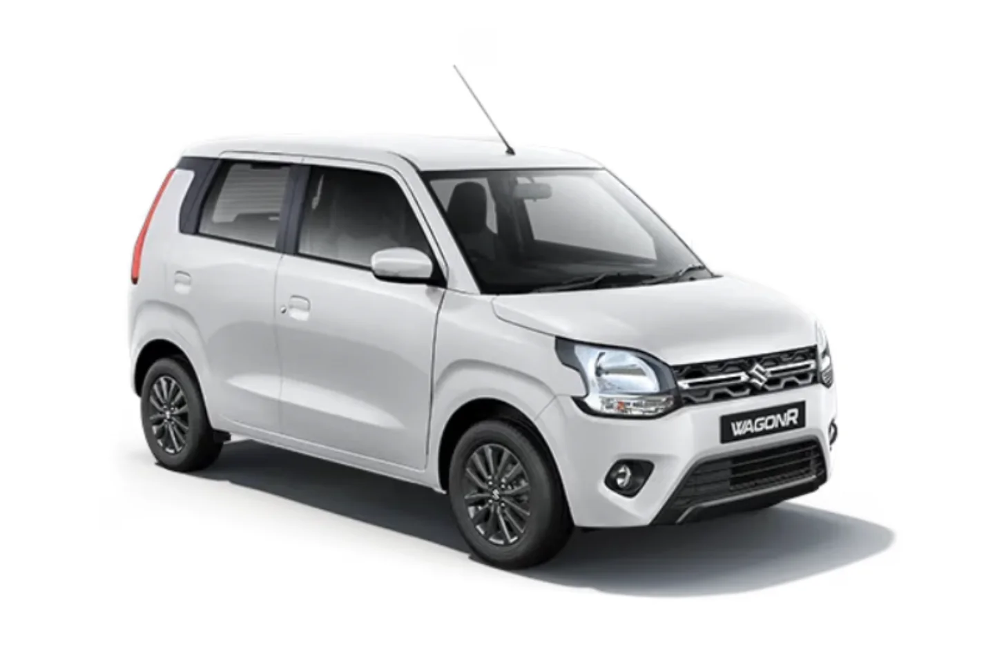 A white WagonR hatchback, front three-quarter view
