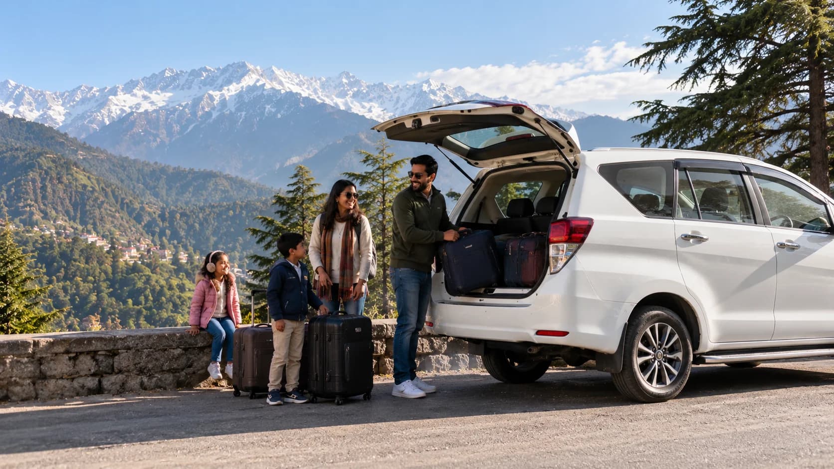 A family loading suitcases into an SUV at a mountain viewpoint, with snow-capped peaks behind