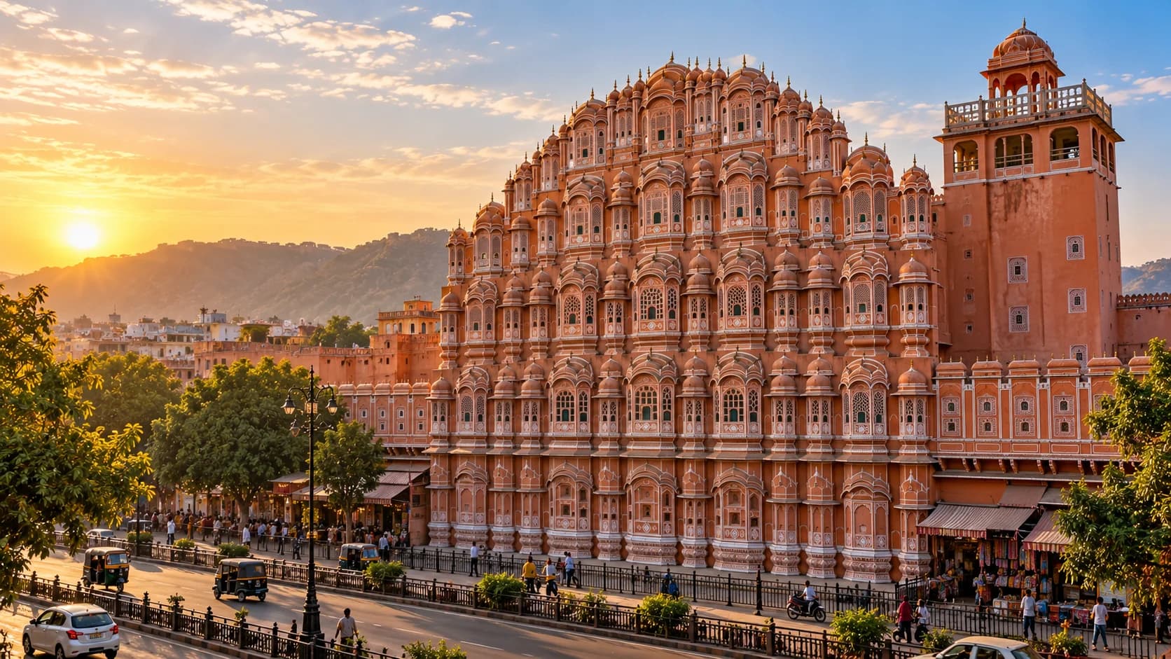 A Jaipur cityscape with the Hawa Mahal in the background