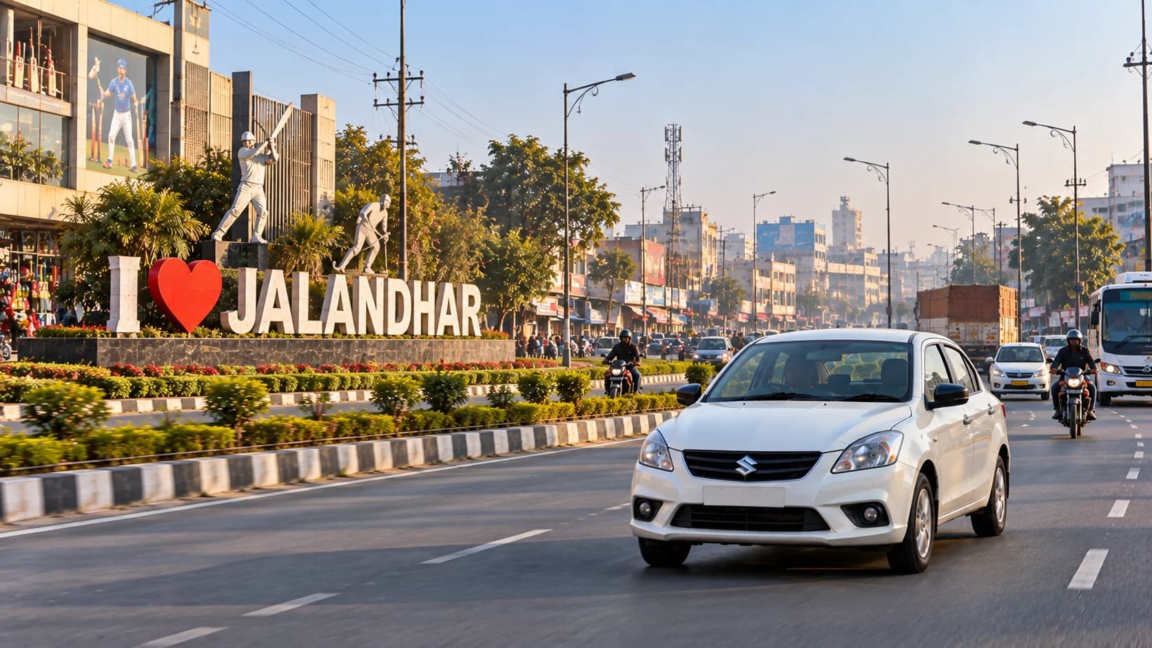 A white sedan taxi on a divided city road beside an "I love Jalandhar" sign and statues of a cricketer and a hockey player