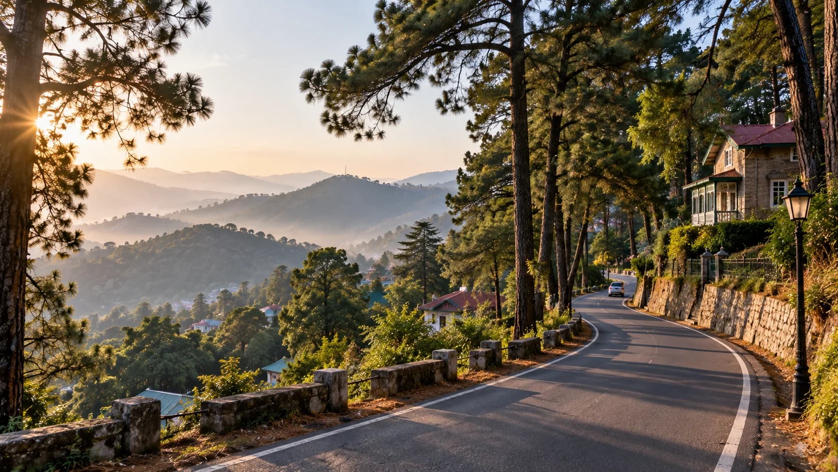 A Kasauli cityscape with the Himalayas in the background