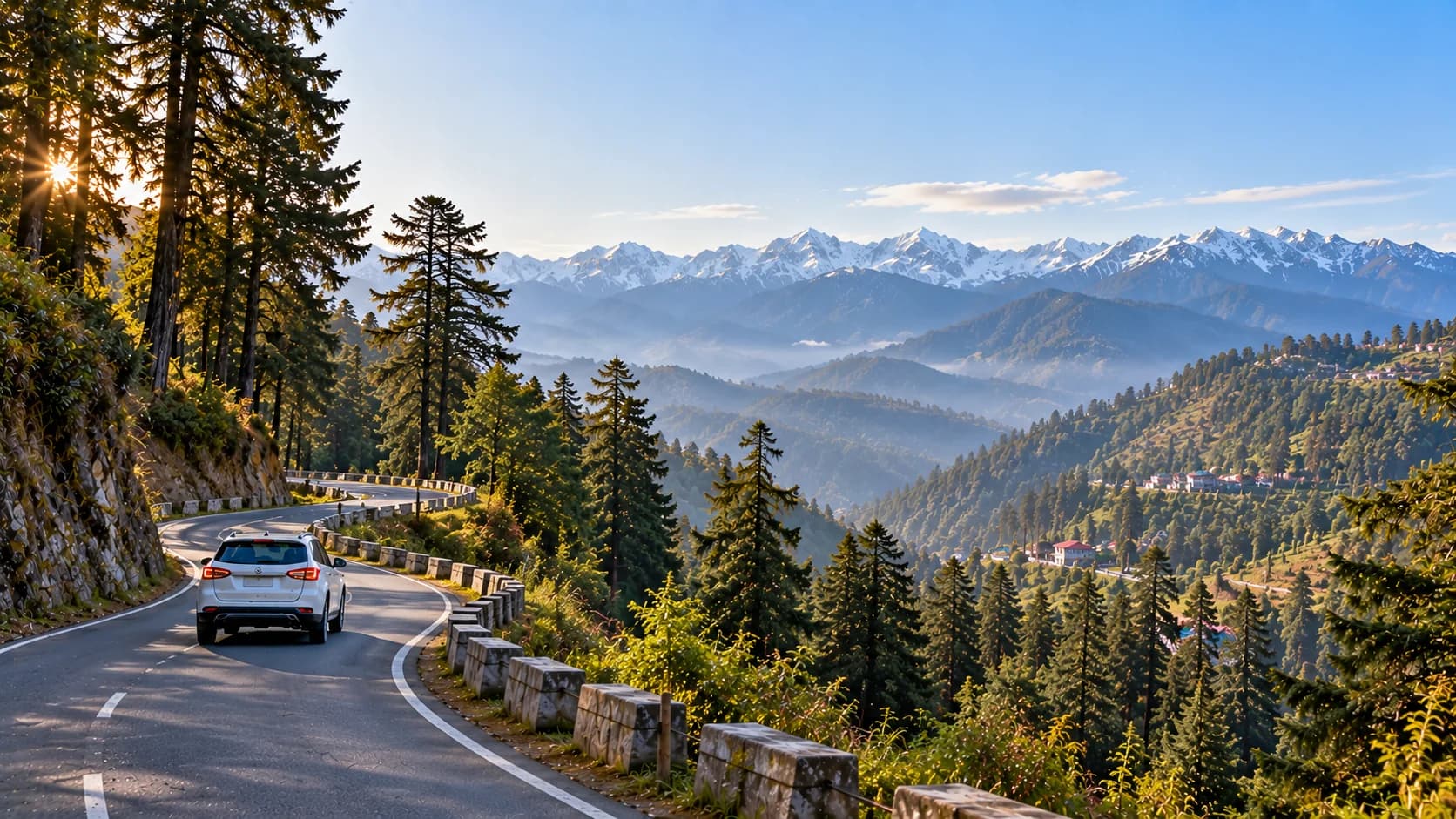 A hill road above Kufri winding past deodar forest, with the snow line on the ridges beyond
