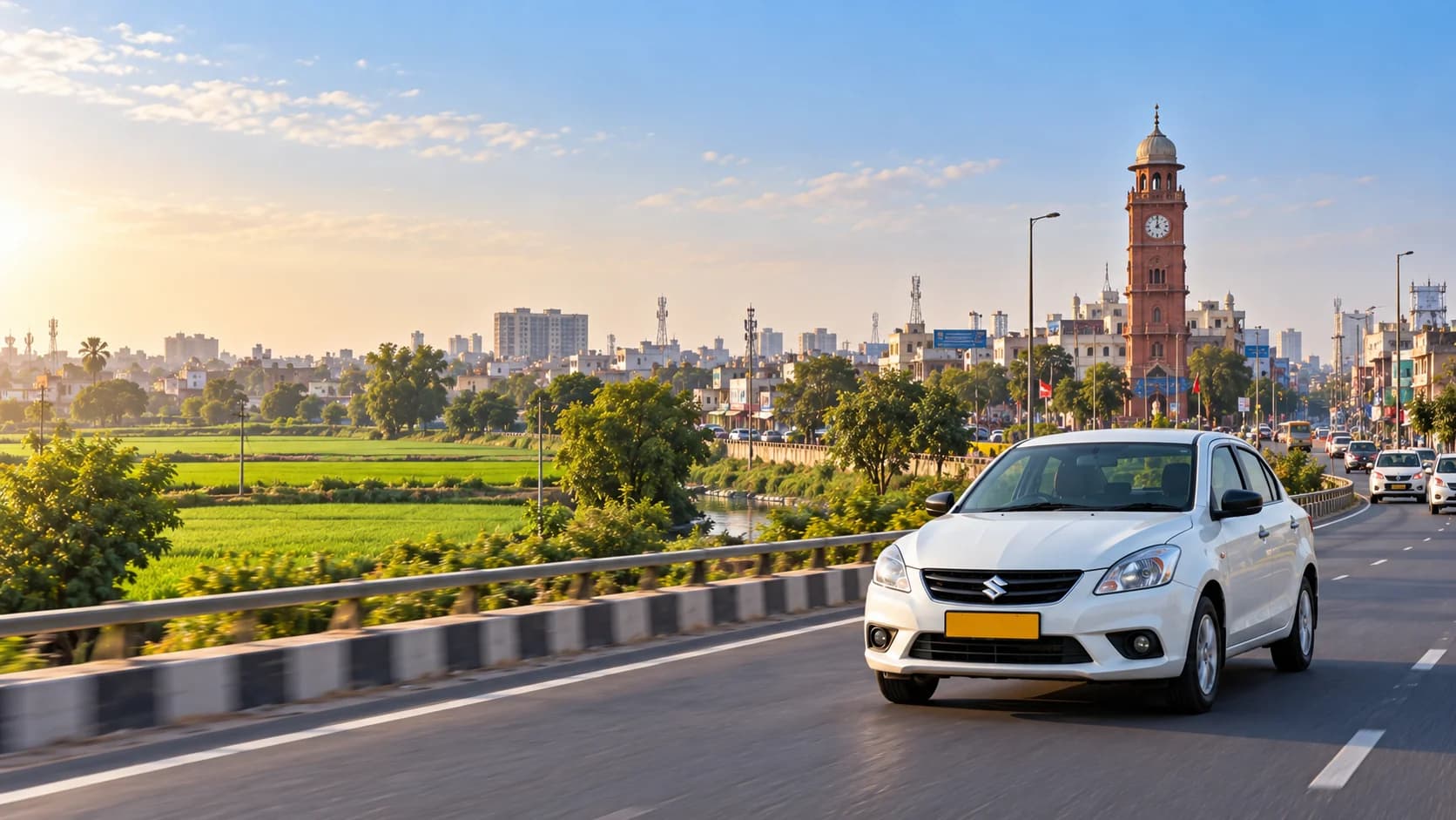 A white sedan taxi on a highway into the city, with green fields on one side and a red-brick clock tower above the skyline