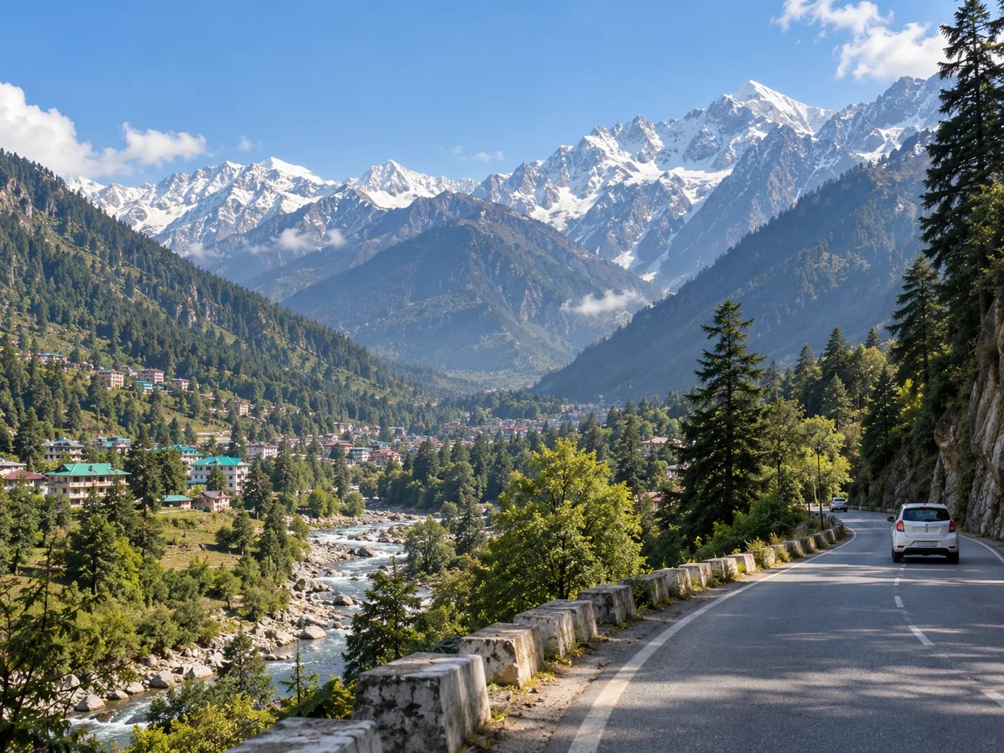 The Beas river running below the road into Manali, with snow-capped peaks at the head of the valley