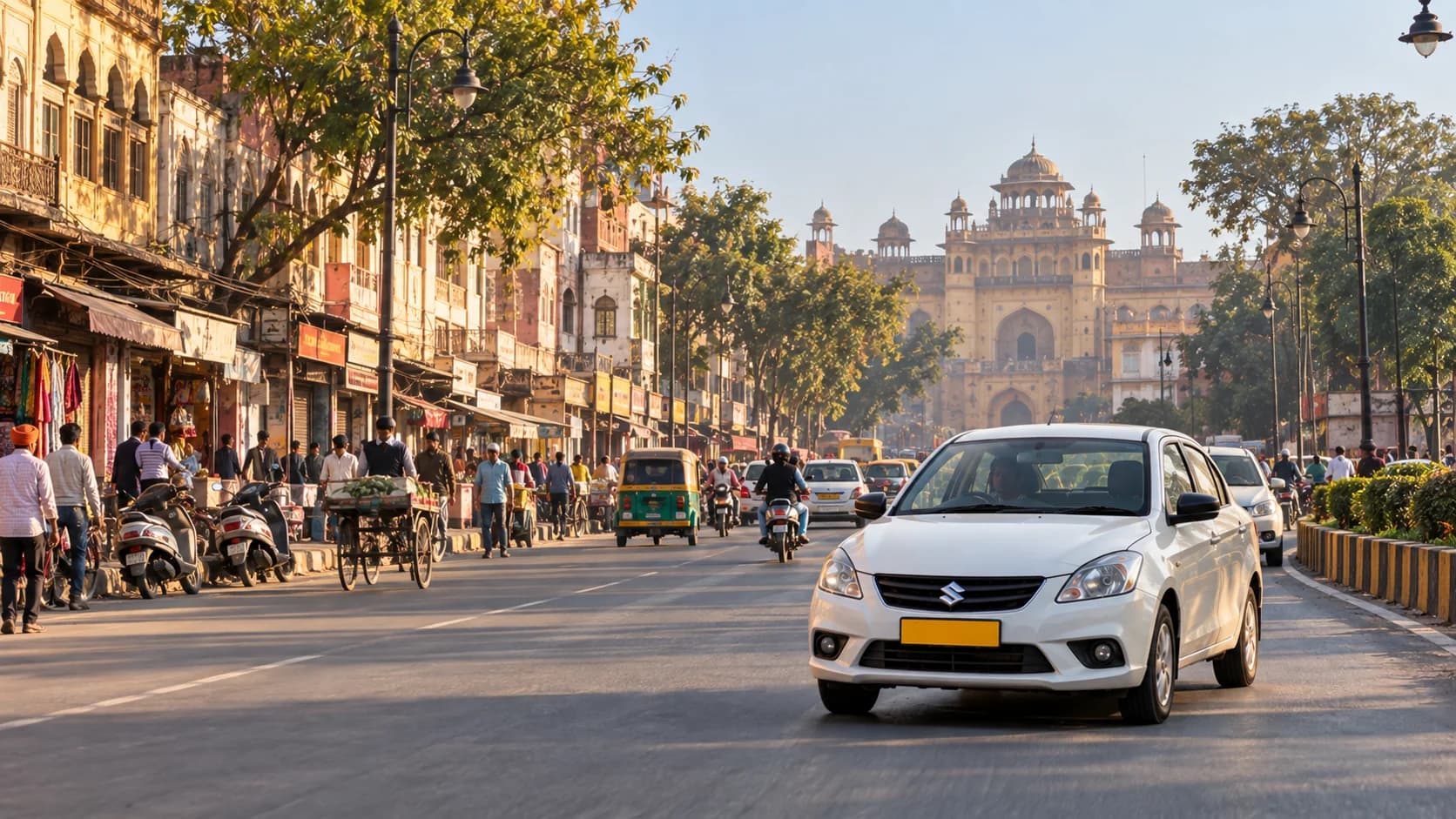 A white sedan taxi on an old-city street lined with shopfronts and trees, with a domed palace-style building at the end of the road
