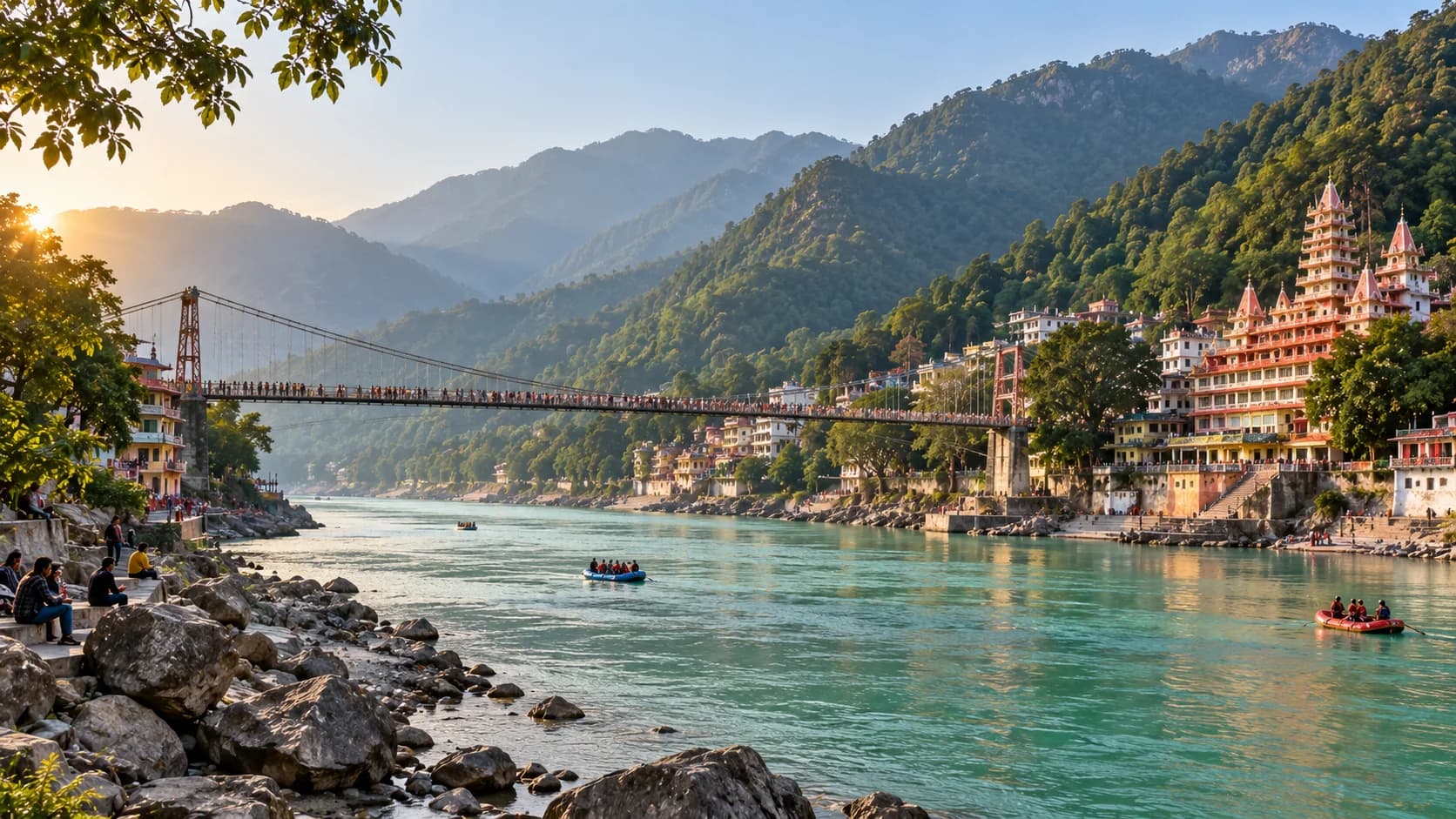 A Rishikesh cityscape with the Ganga river in the background