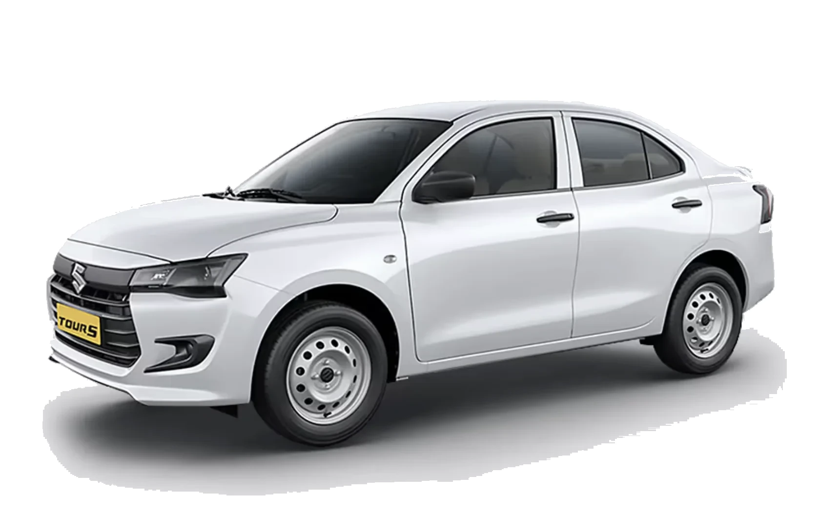 A white Dzire Tour S sedan with a yellow commercial number plate, front three-quarter view